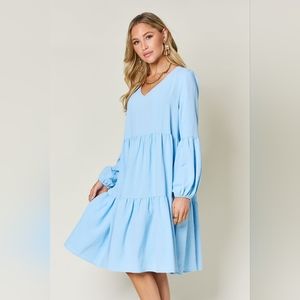 Double Take Full Size V-Neck Balloon Sleeve Tiered Dress